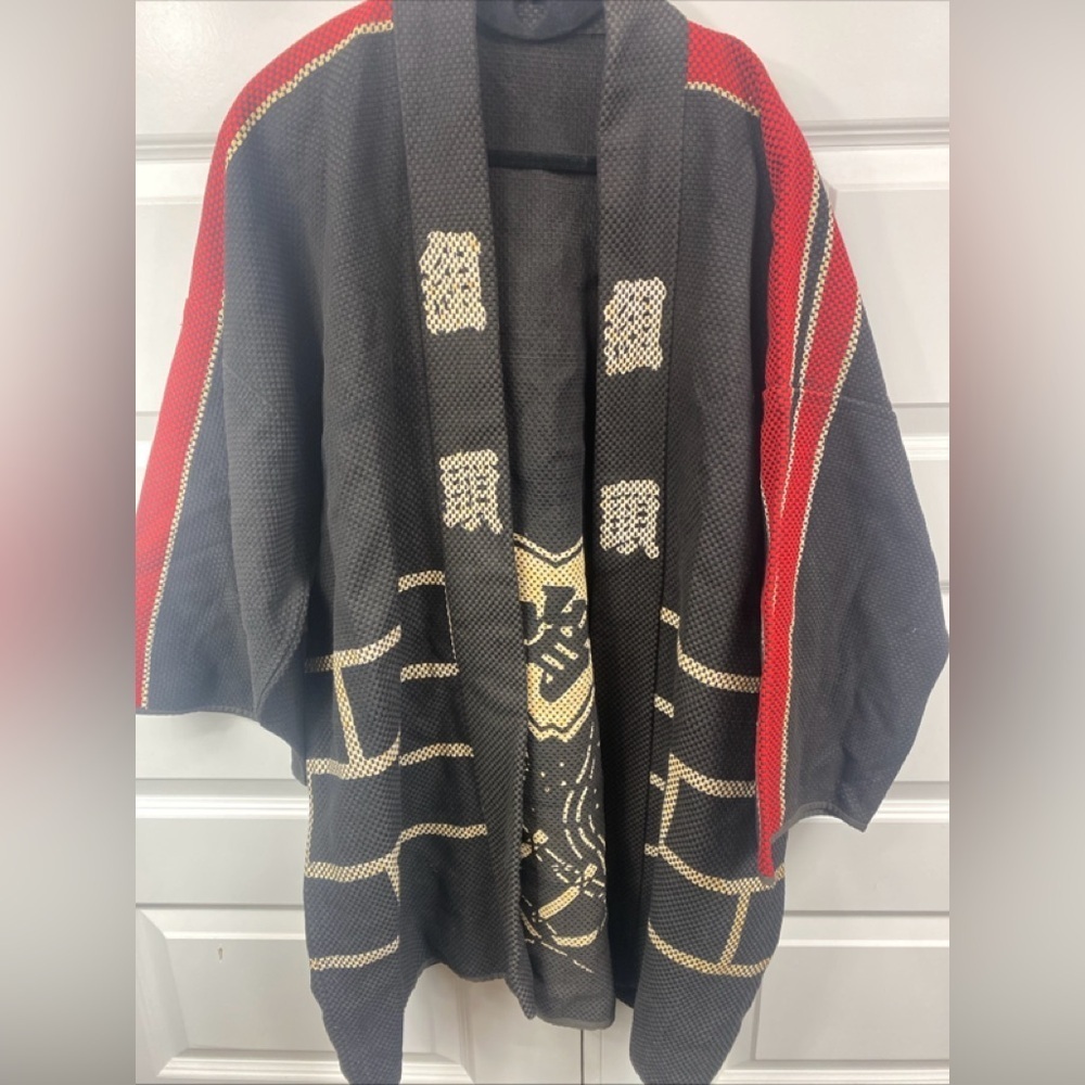 Vintage Japanese Cotton Fireman Kimono Coat / Firefighter Black Red